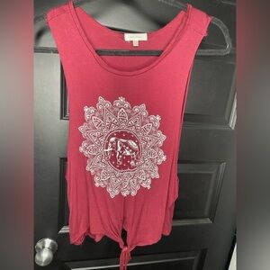 STELLA TWEED Burgundy sleeveless tie front. muscle shirt. 100% rayon. MEDIUM